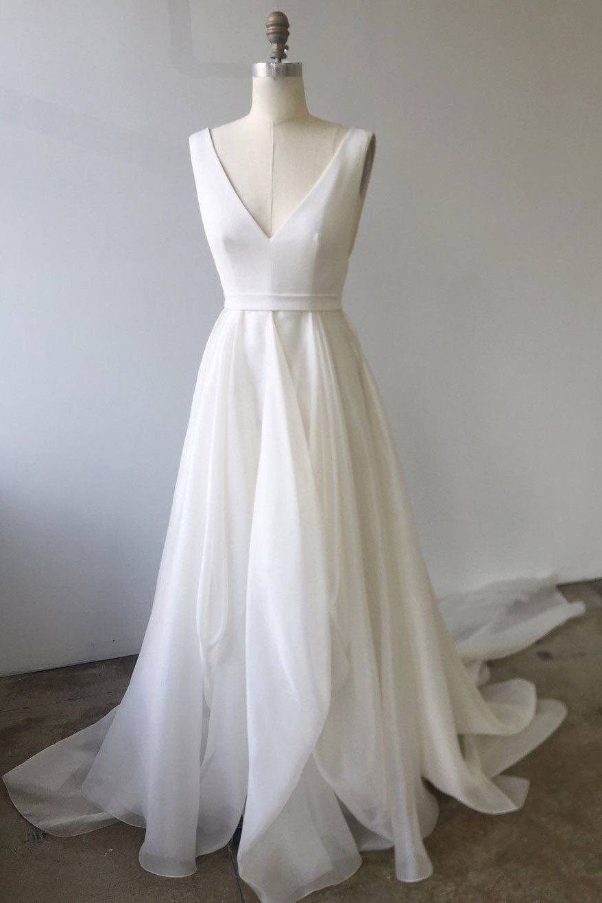White v neck chiffon long prom dress, white evening dress