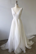 White v neck chiffon long prom dress, white evening dress