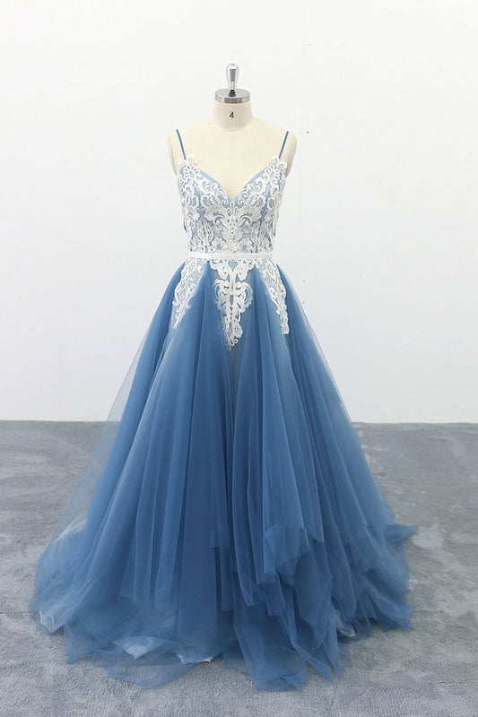 Blue v neck tulle lace long prom dress, blue lace evening dress