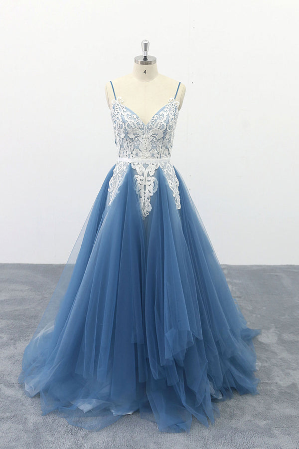 Blue v neck tulle lace long prom dress, blue lace evening dress