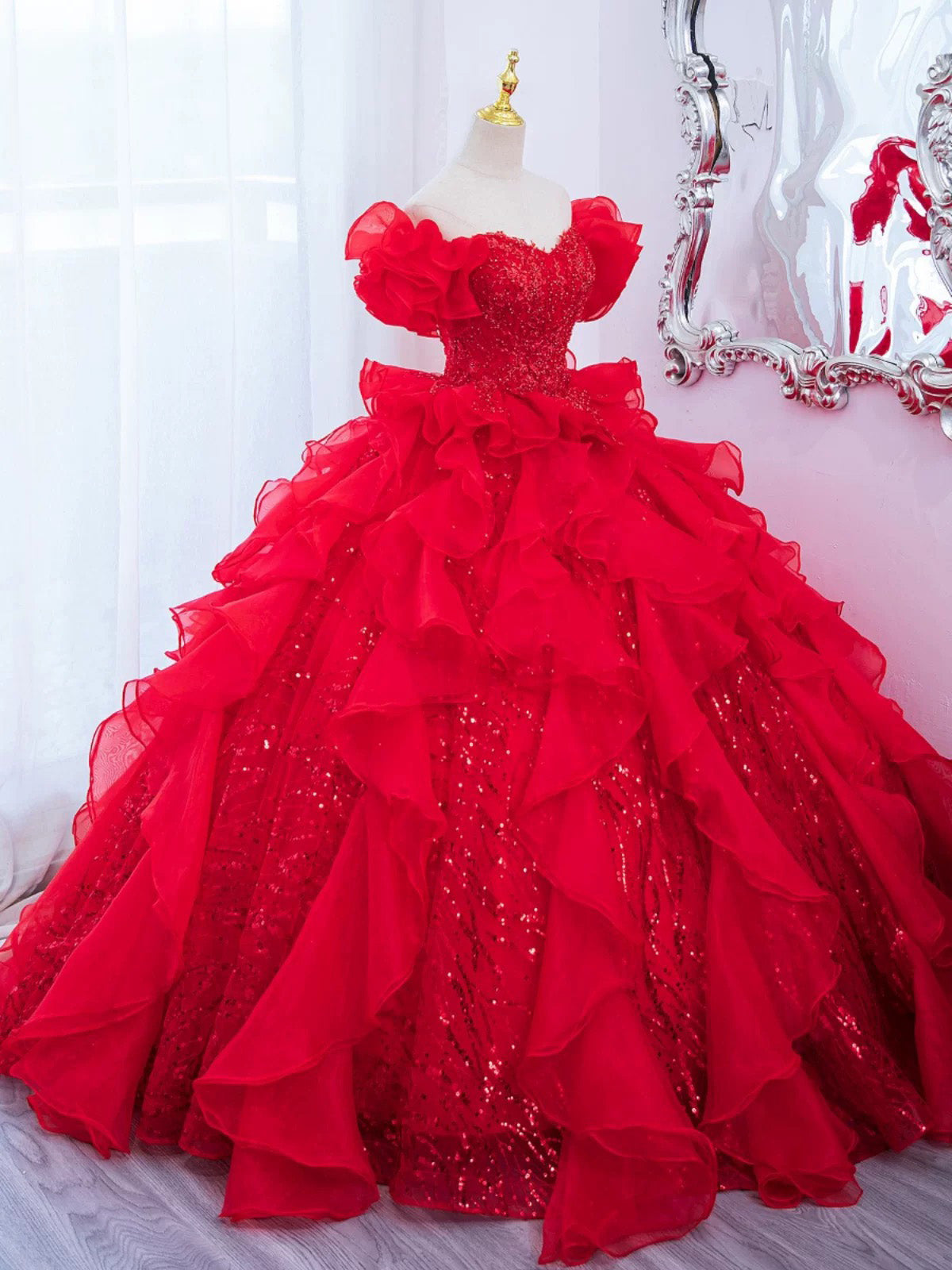 Red Sweetheart Neck Sequin Organza Long Prom Gown, Red Long Evening Dress