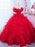 Red Sweetheart Neck Sequin Organza Long Prom Gown, Red Long Evening Dress