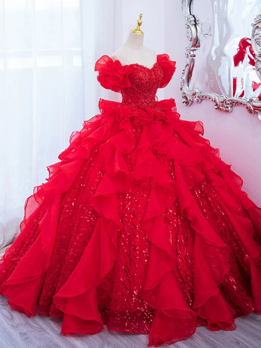 Red Sweetheart Neck Sequin Organza Long Prom Gown, Red Long Evening Dress