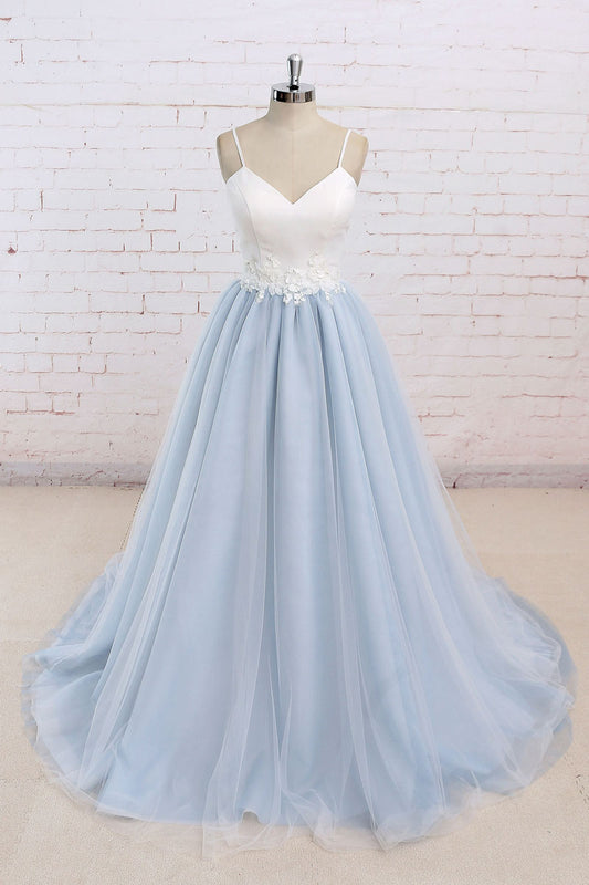 Simple blue tulle long prom dress, tulle wedding dress