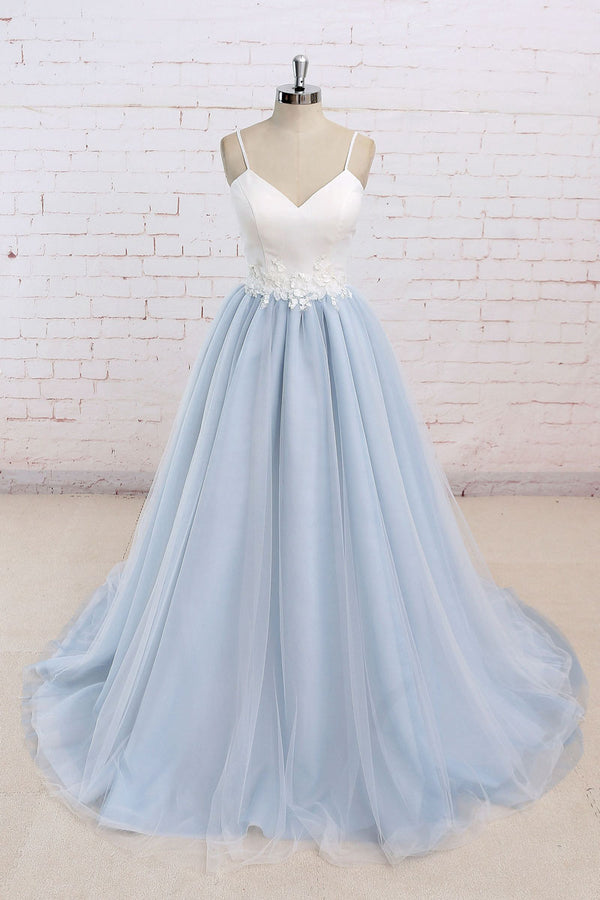 Simple blue tulle long prom dress, tulle wedding dress