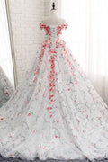 White tulle 3d applique long prom dress, white tulle evening dress