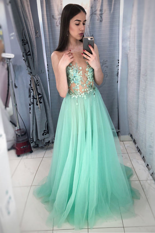 Green round neck tulle lace applique long prom dress, green evening dress