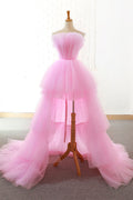 Pink tulle long prom dress, pink tulle evening dress