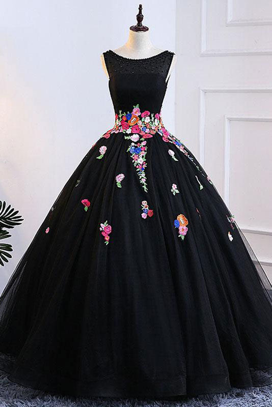 Black tulle lace long prom dress, black tulle formal dress
