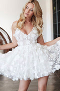 White v neck tulle lace short prom dress white homecoming dress