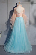 Blue tulle lace long prom dress, blue tulle evening dress