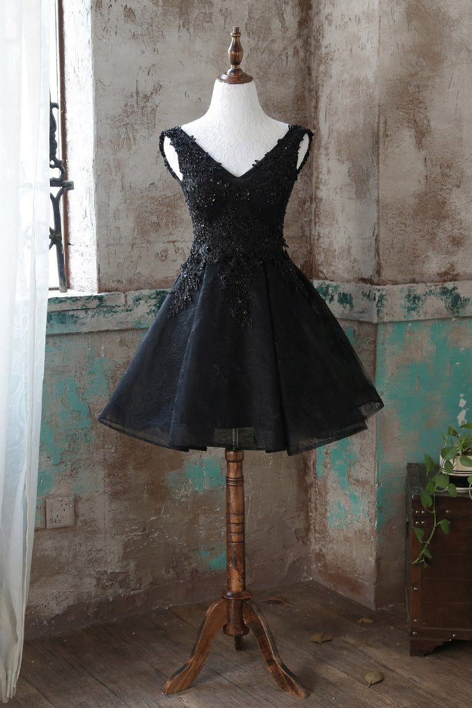 Black v neck tulle lace short prom dress black homecoming dress
