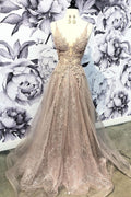 Champagne v neck tulle lace long prom dress, champagne tulle evening dress