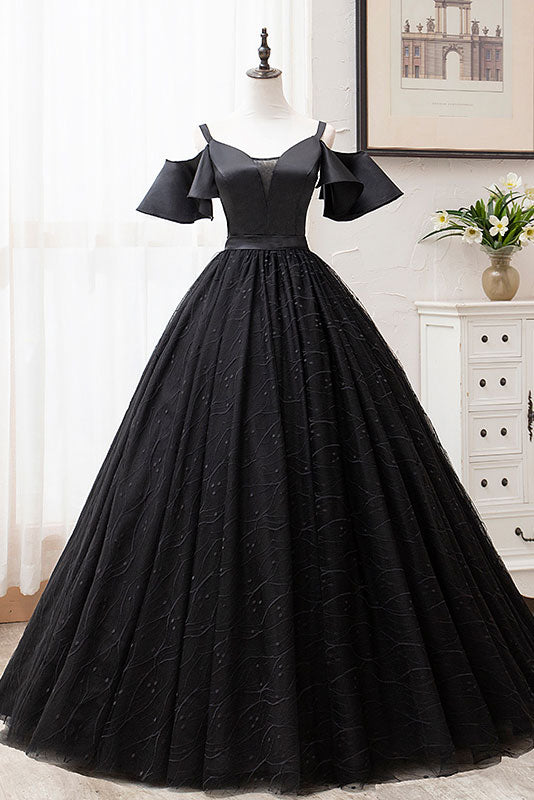 Black tulle lace long prom dress black lace evening dress