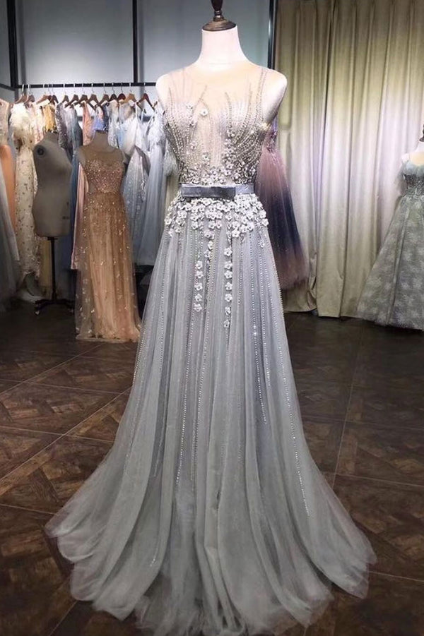 Gray tulle lace beads long prom dress, gray tulle evening dress