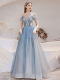 Blue tulle off shoulder long prom dress, blue tulle evening dress