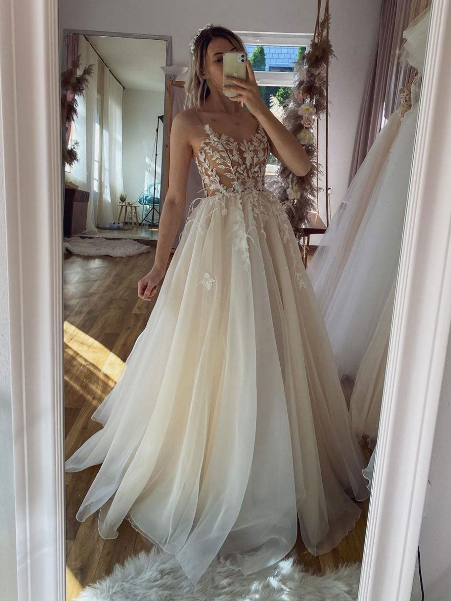 Champagne tulle lace long prom dress, champagne evening dress