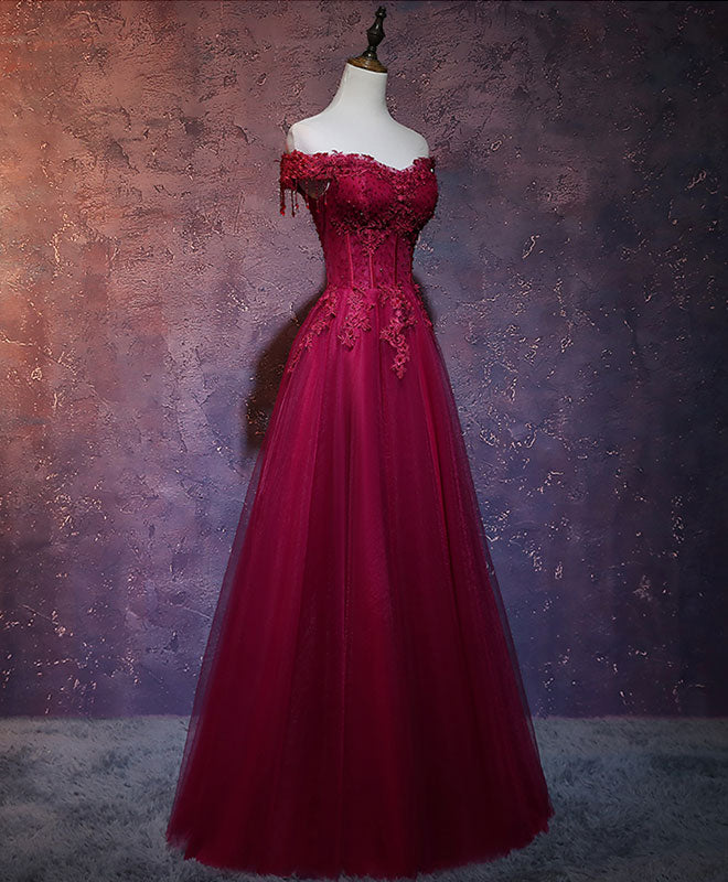 Burgundy off shoulder lace long prom dress burgundy evening dress