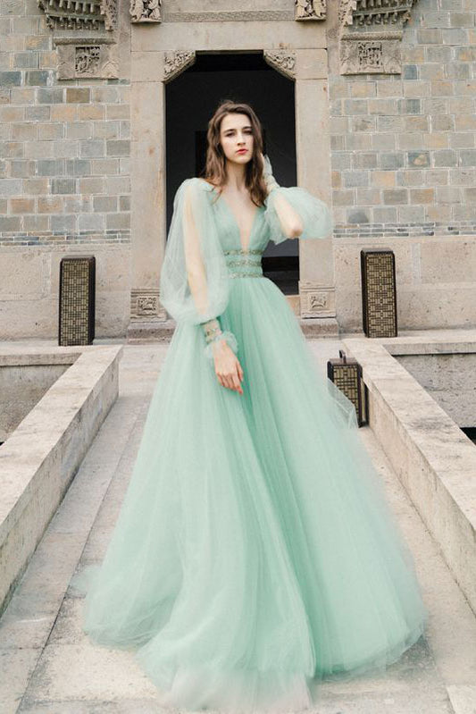 Green v neck tulle long prom dress green evening dress