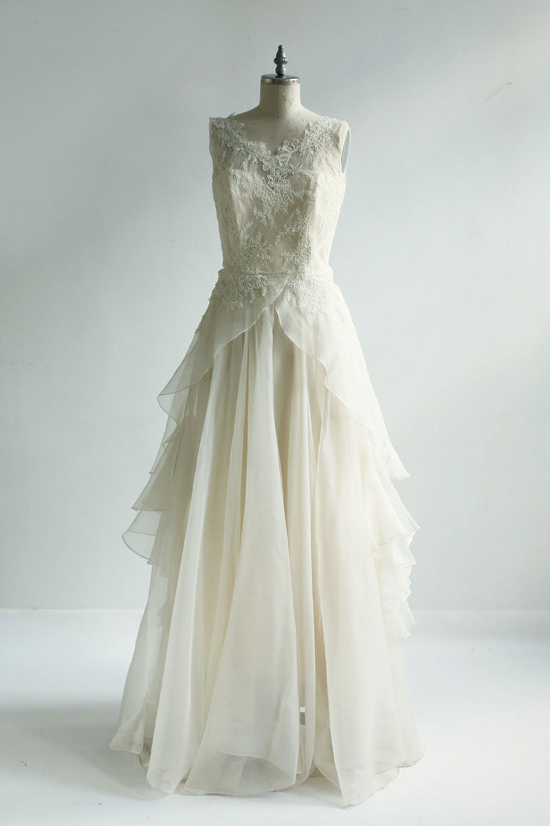 ivory round neck lace chiffon long prom dress, lace wedding dress