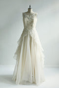 ivory round neck lace chiffon long prom dress, lace wedding dress