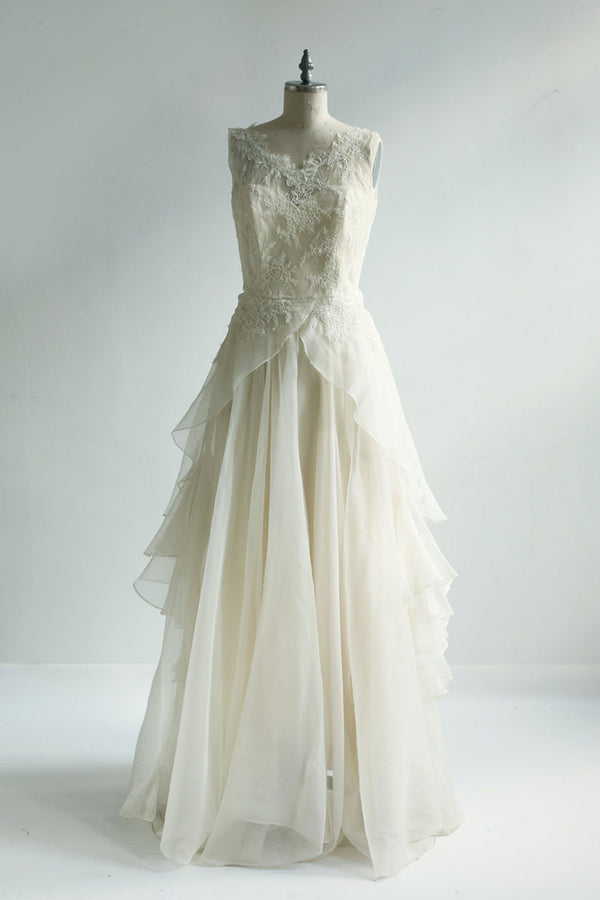 ivory round neck lace chiffon long prom dress, lace wedding dress