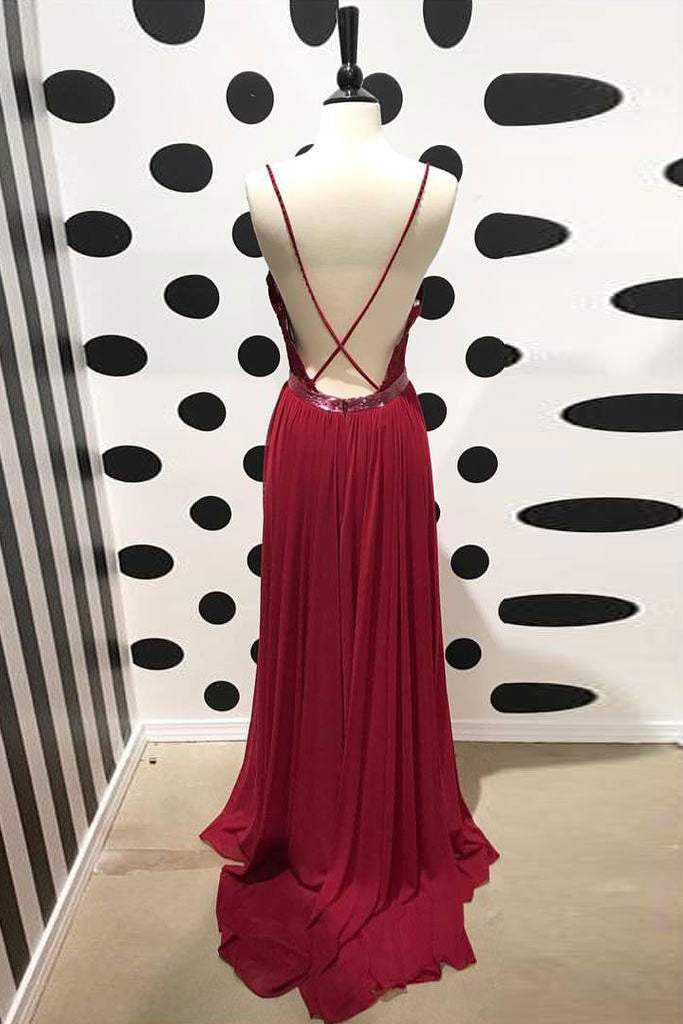 Burgundy v neck lace chiffon long prom dress, burgundy bridesmaid dress