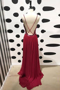 Burgundy v neck lace chiffon long prom dress, burgundy bridesmaid dress