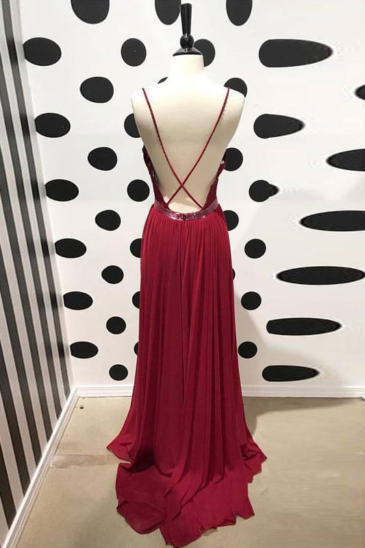 Burgundy v neck lace chiffon long prom dress, burgundy bridesmaid dress