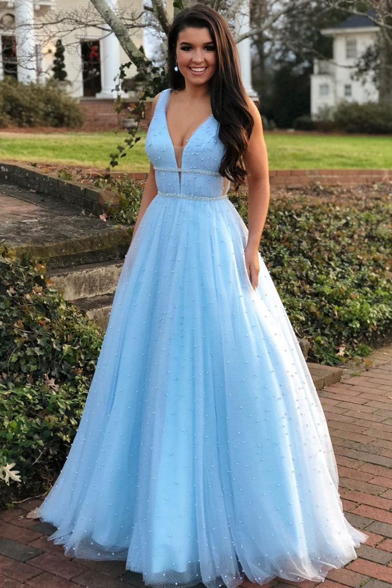 Blue v neck tulle long prom dress, blue tulle evening dress