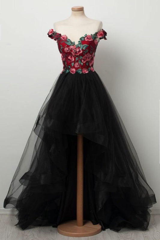 Black sweetheart high low tulle prom dress, black tulle evening dress