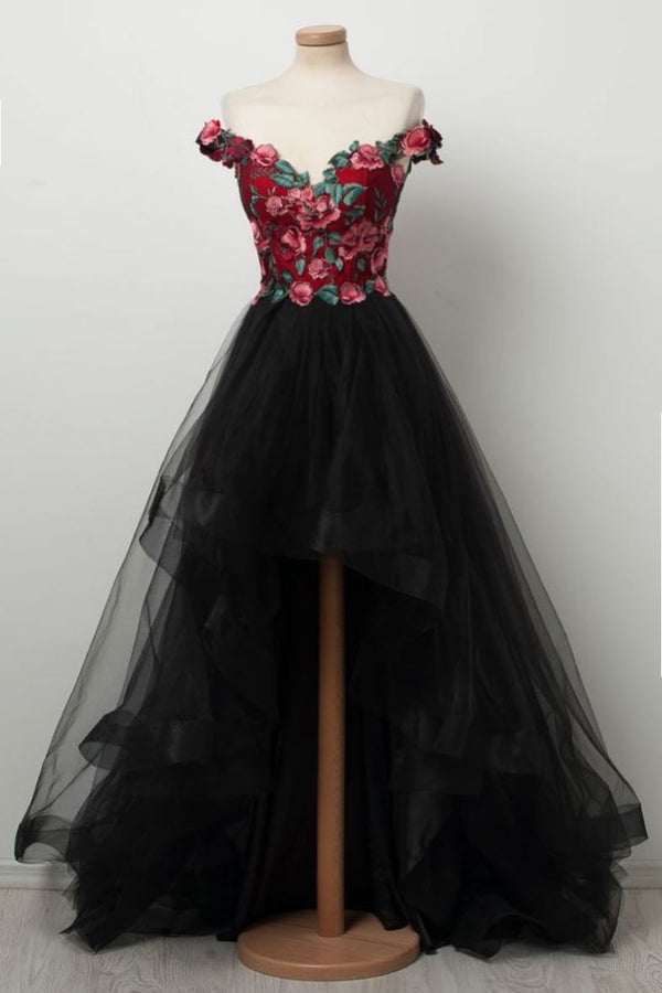 Black sweetheart high low tulle prom dress, black tulle evening dress