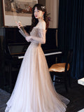 Champagne Tulle Sequin Long Prom Dresses, Champagne Formal Evening Dress