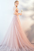 Pink tulle lace long prom dress, pink evening dress