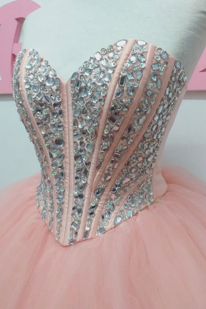 Pink sweetheart tulle beads long prom dress tulle formal dress