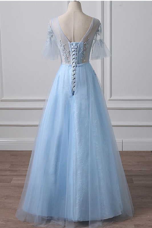 Blue tulle lace long prom dress, blue tulle formal dress