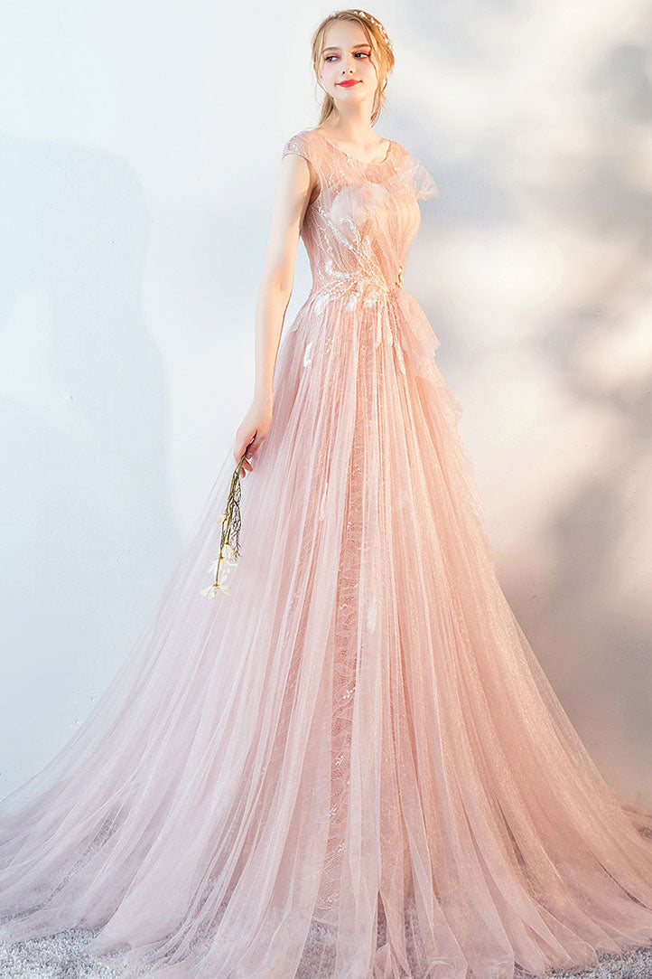 Pink tulle lace long prom dress, pink evening dress