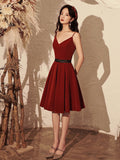 Burgundy velvet v neck short prom dress, burgundy homecoming dress