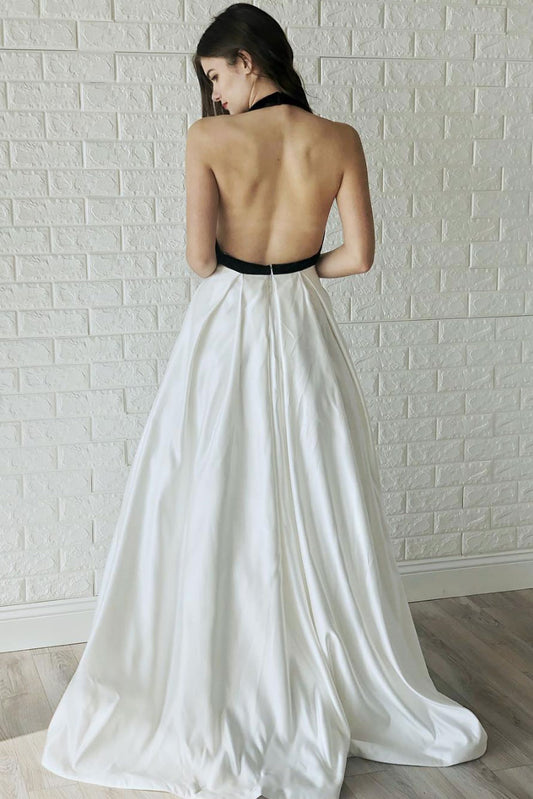 Simple white v neck satin long prom dress, white evening dress