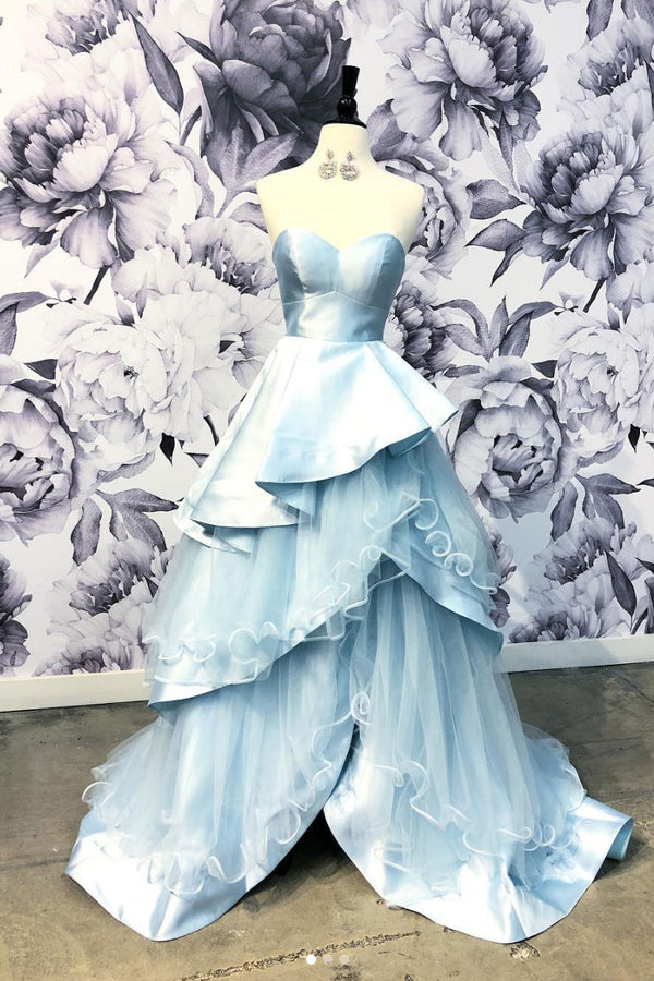 Simple blue satin long prom dress, blue evening dress