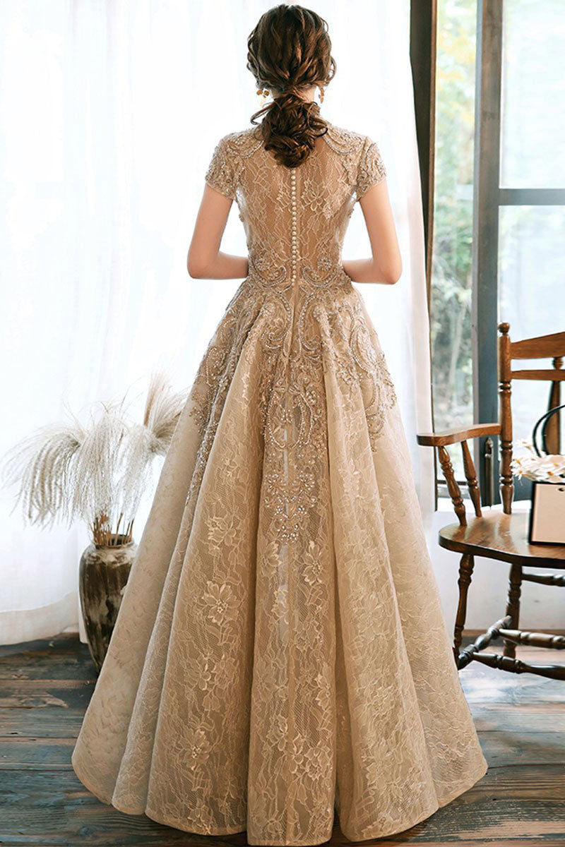 Unique high neck lace long prom dress lace formal dress