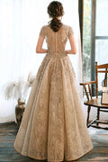 Unique high neck lace long prom dress lace formal dress