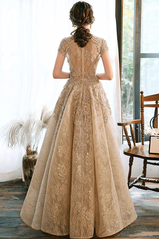 Unique high neck lace long prom dress lace formal dress