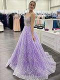 Purple sweetheart neck tulle sequin long prom dress, purple evening dress
