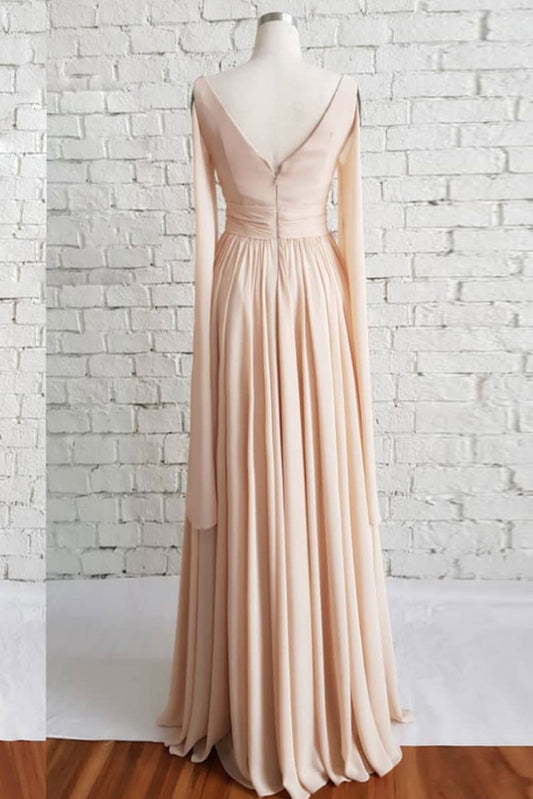 Simple v neck chiffon long prom dress, champagne evening dress