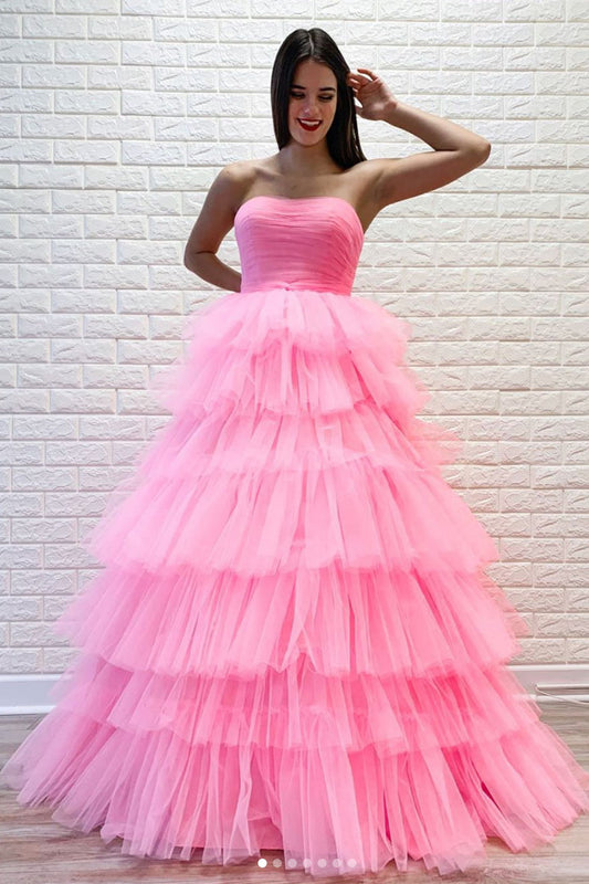 Pink sweetheart tulle long prom dress pink tulle formal dress
