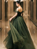 Simple green A line tulle off shoulder long prom dress, green evening dress