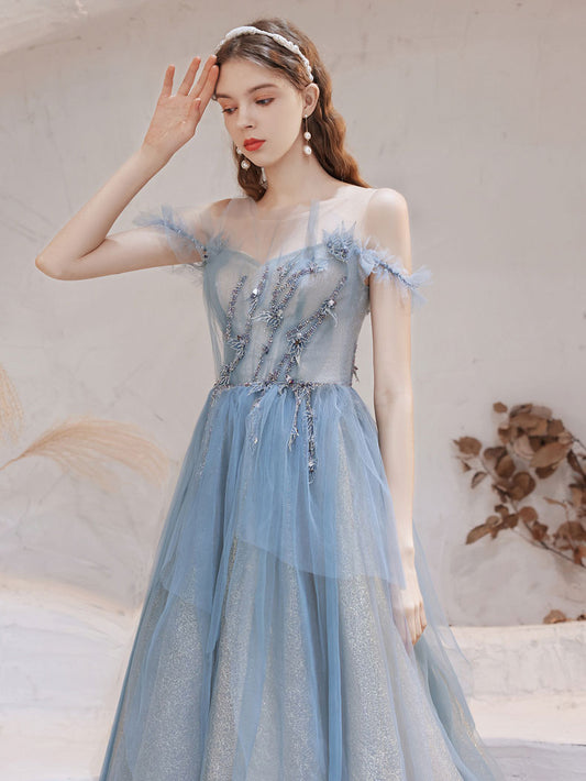 Blue tulle off shoulder long prom dress, blue tulle evening dress