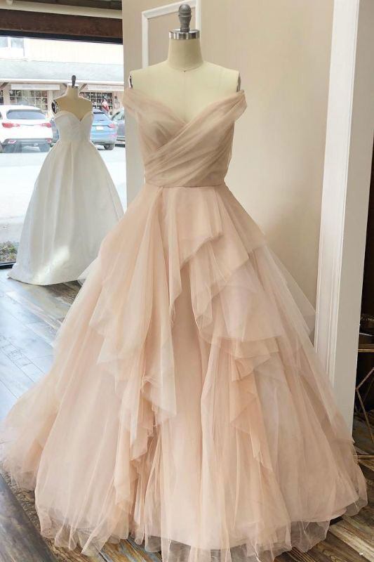 Champagne tulle off shoulder long prom dress tulle evening dress