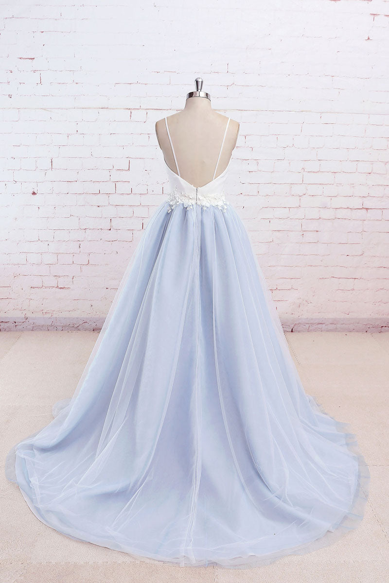 Simple blue tulle long prom dress, tulle wedding dress